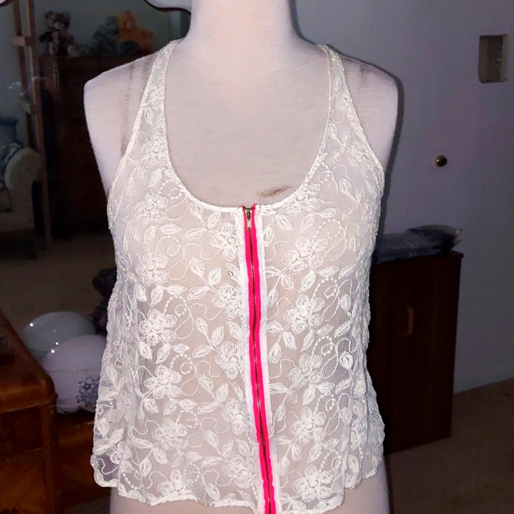 F21 Forever 21 Cream Floral Lace Front Zip Racerback Tank Top Large